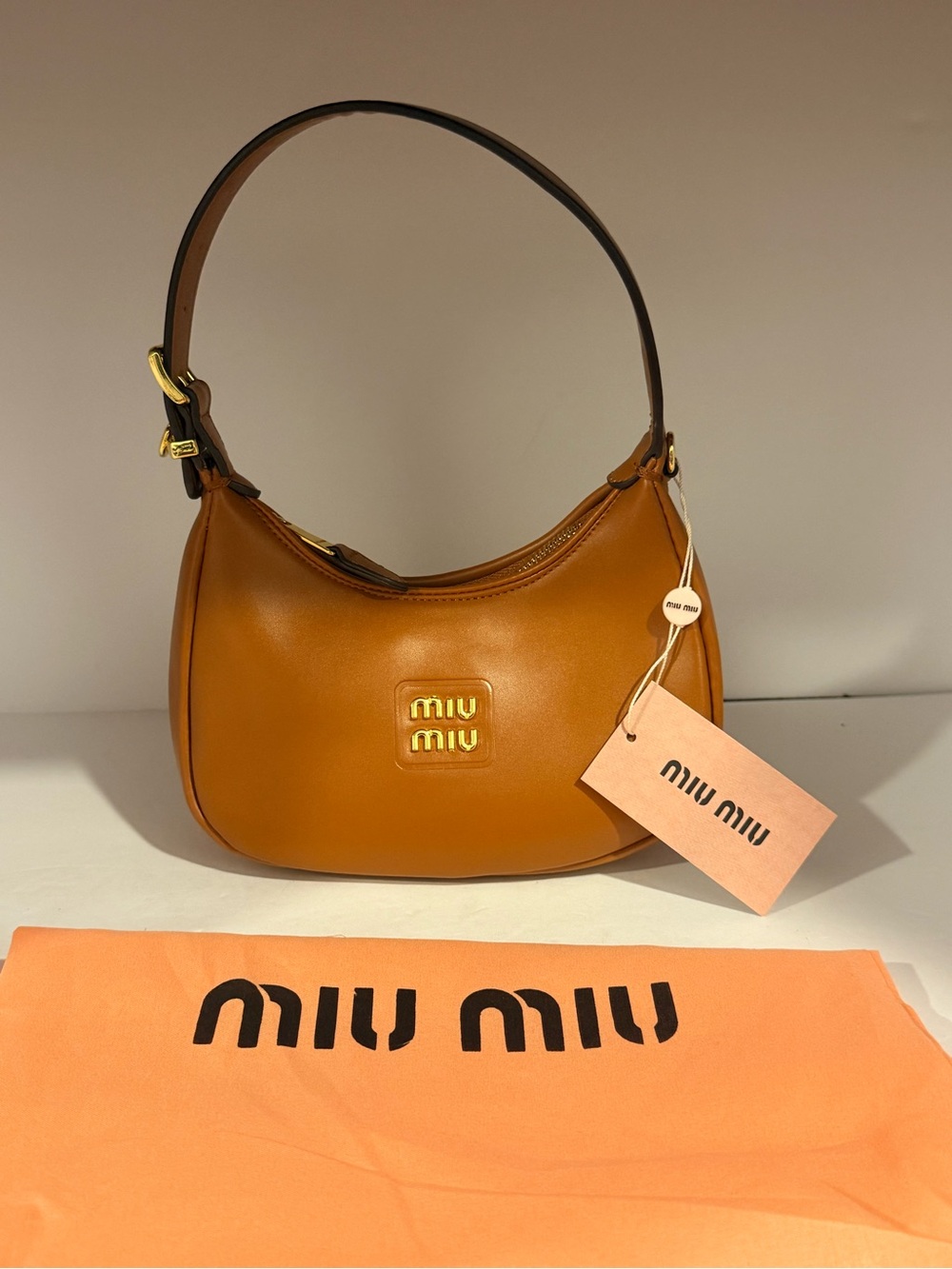 Miu Miu Cognac Leather Shoulder Bag with Gold Logo
